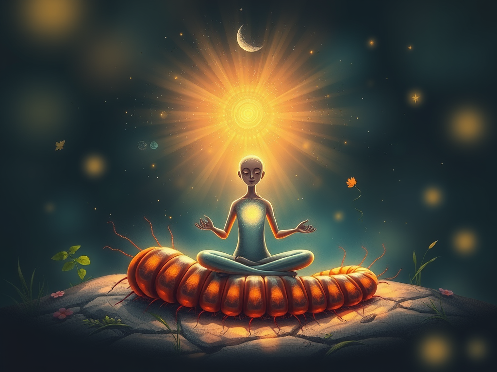 Image Prompt: A spiritual animal guide illustration featuring a glowing millipede beside a meditating figure.