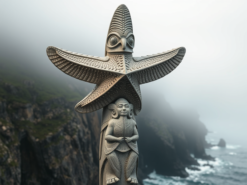 Spiritual Significance of Starfish: Healing and Guidance 6 Image Prompt:
A starfish carved into a totem pole, surrounded by coastal cliffs and mist, representing ancestral spirits and resilience.