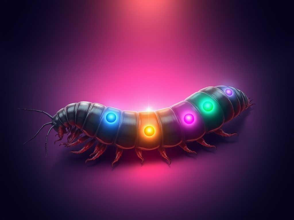 Image Prompt: A symbolic illustration showing a millipede overlaid with chakra points or energy centers along its body.