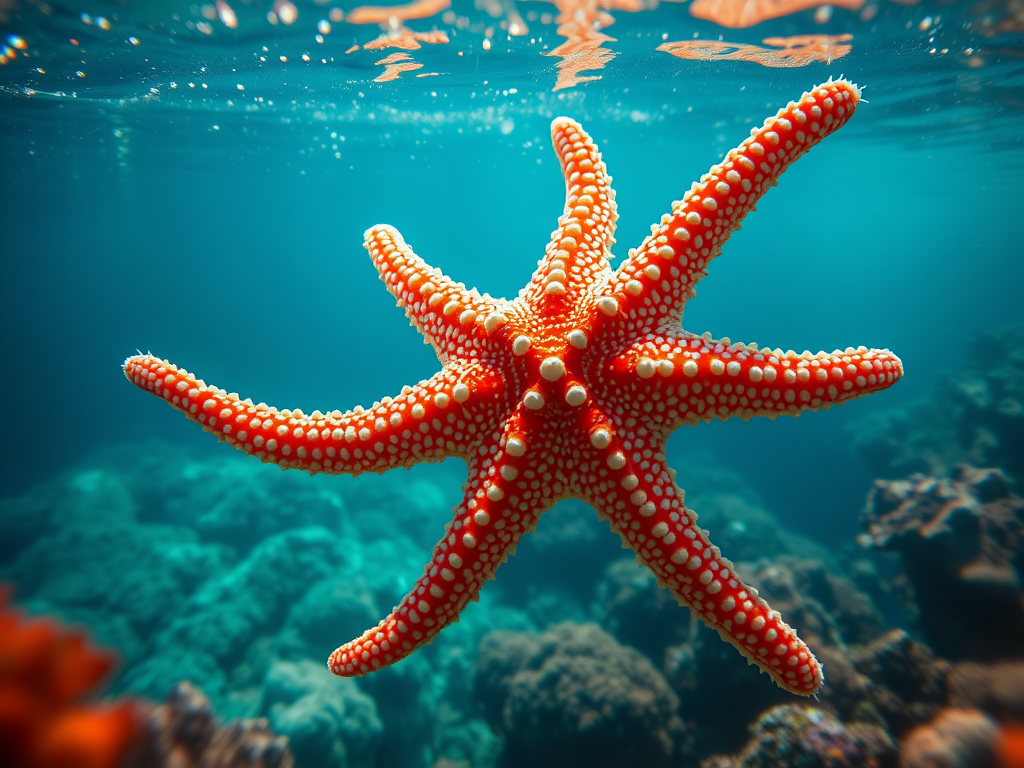 Spiritual Significance of Starfish: Healing and Guidance 4 Image Prompt:
A vibrant starfish regenerating one of its limbs under crystal-clear water, radiating a soft healing glow in a sacred underwater garden.