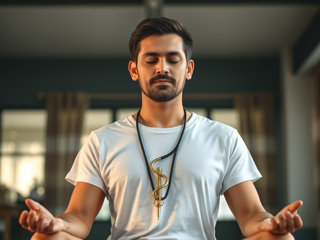 Image Prompt: A yoga practitioner meditating with a golden Caduceus glowing above their head.