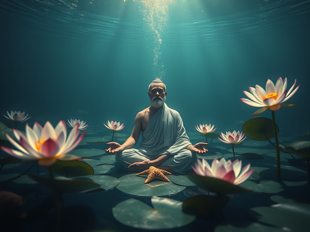 Spiritual Significance of Starfish: Healing and Guidance 7 Image Prompt:
A Zen-like underwater scene with lotus flowers drifting around a meditating monk and a single glowing starfish.
