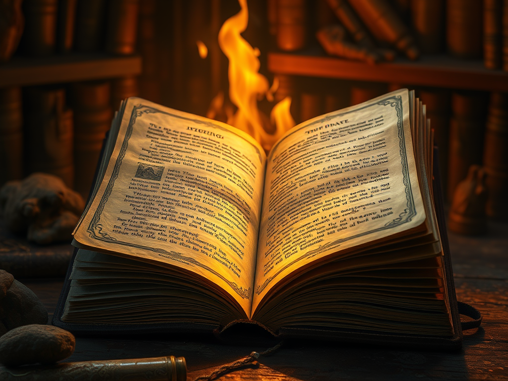 Image Prompt: An ancient book opened to a glowing page of a myth involving dung.