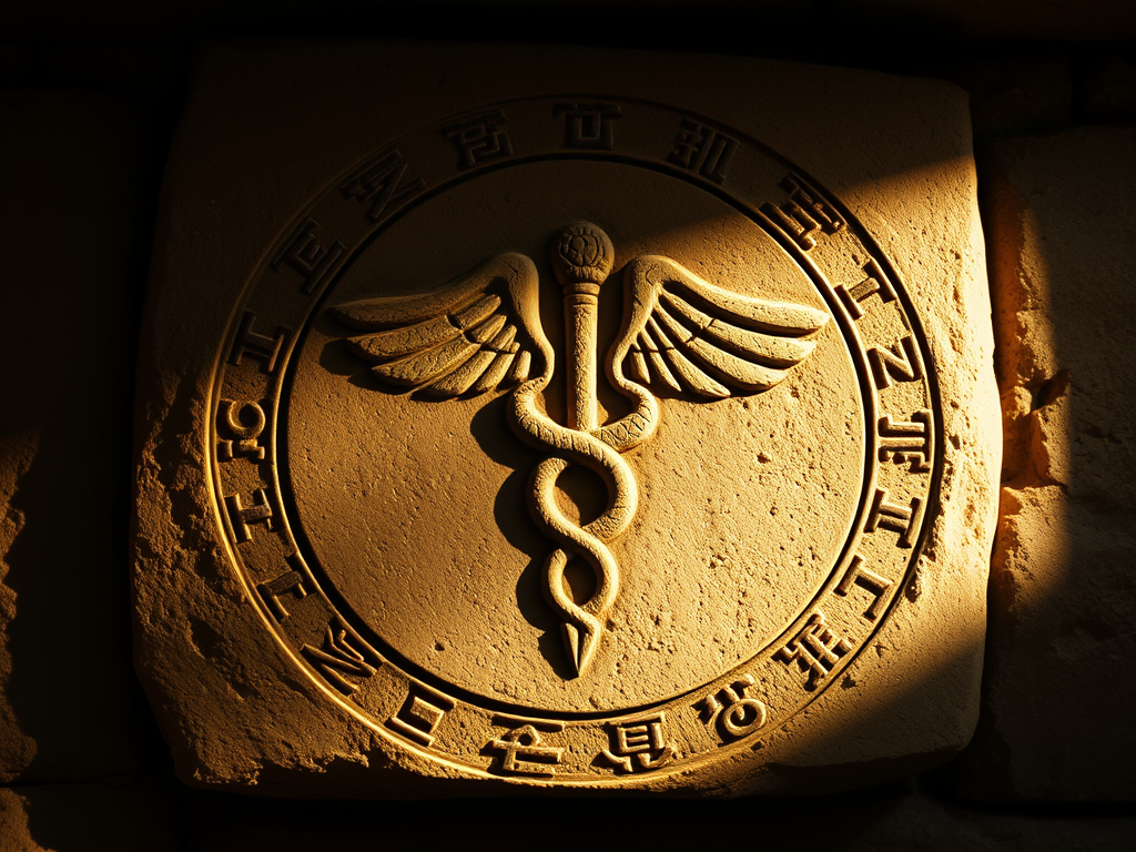 Image Prompt: An ancient stone tablet showing a primitive Caduceus symbol carved into it, surrounded by mystical glyphs.