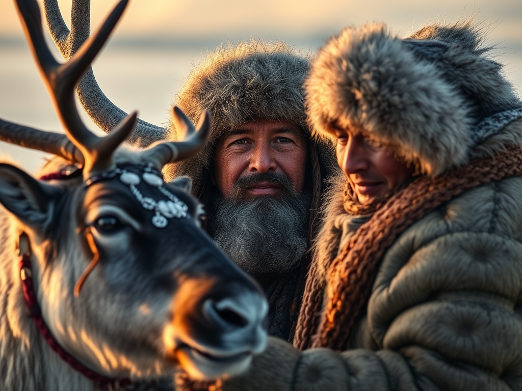 Image Prompt: An Inuit hunter watching a reindeer respectfully, spiritual symbols in the background.
