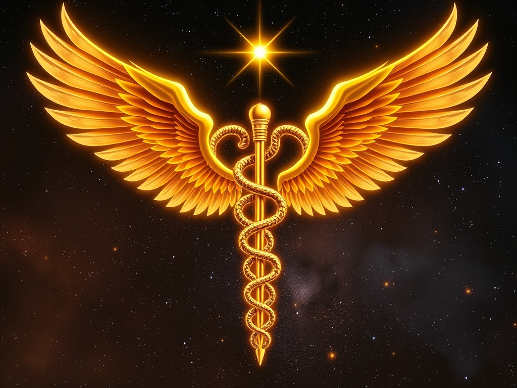 Prompt: A golden Caduceus symbol with two intertwining serpents and wings, glowing with ethereal light, set against a cosmic background of stars and galaxies.