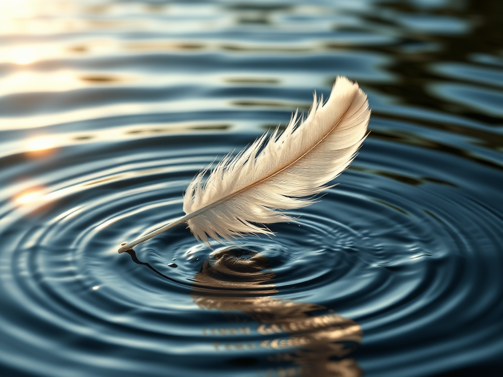 🌐 The Universal Symbolism of Feathers and Water
An elegant feather gently drifting above rippling water with light reflections, symbolic glow around it, representing harmony and spiritual connection.
