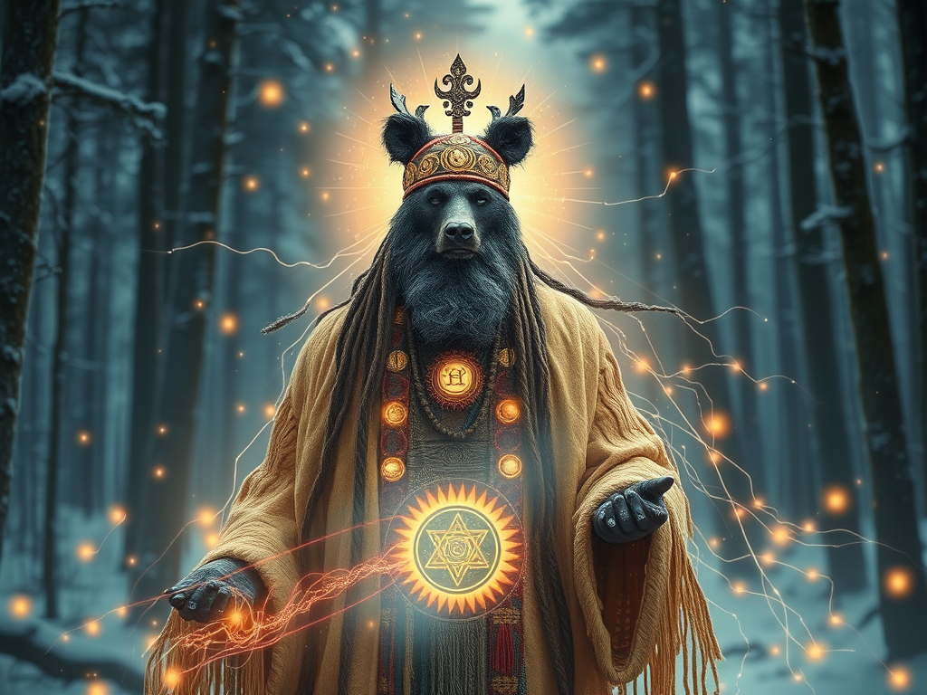 The Spiritual Meanings of Dreaming You Become an Animal 5 2. Shamanism in Inner Eurasia
A Siberian shaman in ceremonial dress, astrally transforming into a bear during a trance ritual, winter forest setting, spiritual symbols, glowing spiritual threads connecting earth and sky.