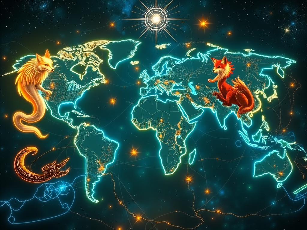 Sudden Animal Bite Spiritual Meaning – What a Non‑Serious Bite Reveals About You 8 A cosmic world map stitched with glowing threads. At each region, spiritual animals are projected above glowing cultural icons—Bastet over Egypt, fox over Ireland, serpent over India, wolf over North America."