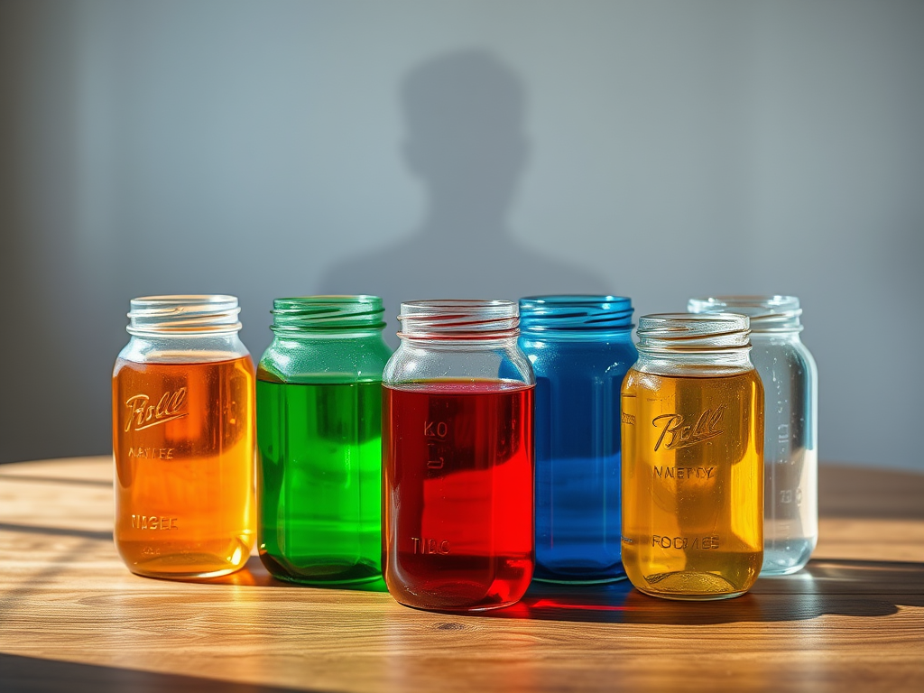 A diverse group of five glass jars filled with water, each tinted a different colour (red, blue, green, yellow, and clear), placed on a wooden table with natural lighting. Behind them, a soft silhouette of a human figure looking at the jars with curiosity. Symbolic and minimalistic.