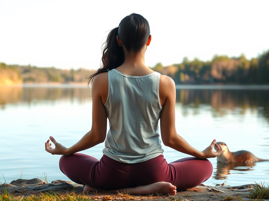 🦦 “Unveiling The Spiritual Meaning Of Otters” 8 Woman connecting spiritually with an otter near tranquil water, symbolizing joy, healing, and awareness.