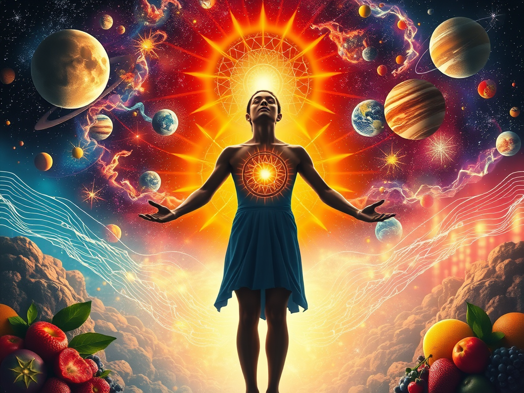 Spiritual Meaning of Raising Your Vibrations 3 A radiant person standing between Earth and Cosmos, light radiating from their heart, surrounded by fruits, sacred symbols, planets and energetic waves—blending health, spirituality and universal connection.