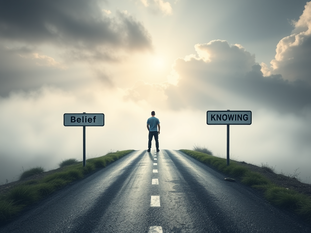 A road that splits into two paths: one sign reads “Belief” with misty, unclear skies, and the other reads “Knowing” with sunlight breaking through clouds. A person stands at the fork, deciding. Ethereal and thought-provoking.