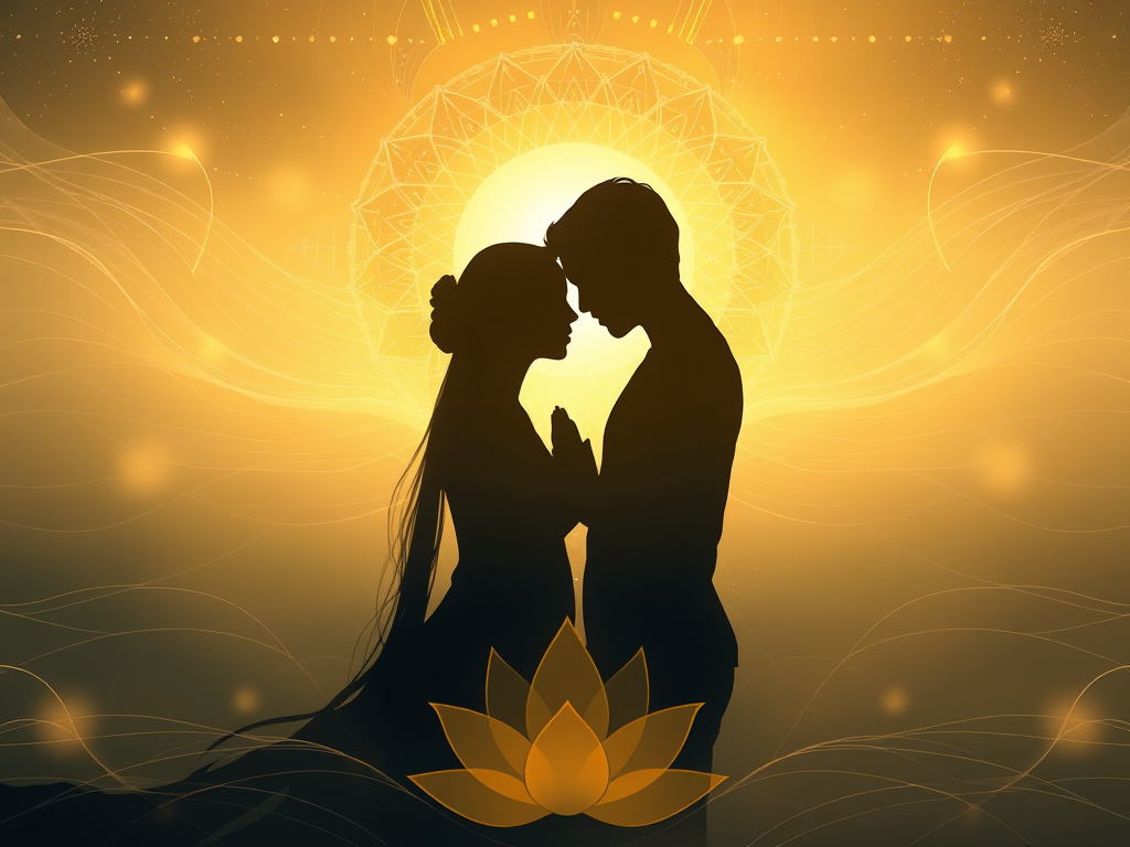 “The Sacred Exchange: Spiritual Meaning & Symbolism of Sexual Energy Across Cultures” 3 “A serene, ethereal illustration of two silhouettes in gentle intimacy, enveloped in soft energy waves—blending golden spiritual light, lotus motifs, and universal sacred geometry, representing the sacred exchange of sexual energy.”