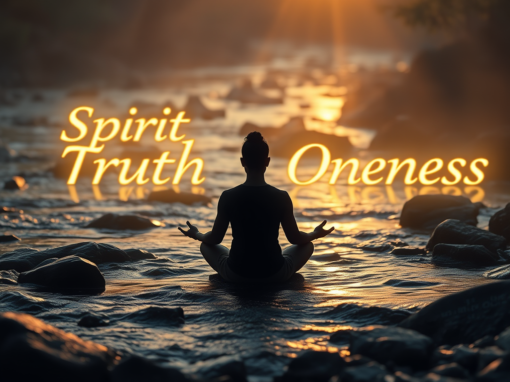 A silhouette of a meditative figure sitting near flowing water, with transparent layers of glowing words like “Spirit”, “Truth”, and “Oneness” blending into the stream. Soft golden hour light, scripture engraved faintly on surrounding rocks.

