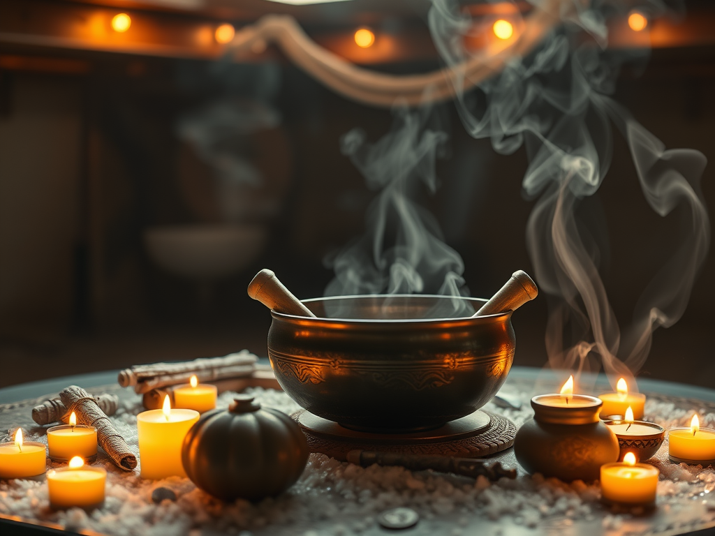 Sudden Animal Bite Spiritual Meaning – What a Non‑Serious Bite Reveals About You 11 "A spiritual sanctuary filled with ritual tools: sage, singing bowl, salt bath, and candles glowing. Animal spirits appear subtly in the steam and smoke as if participating in the healing."