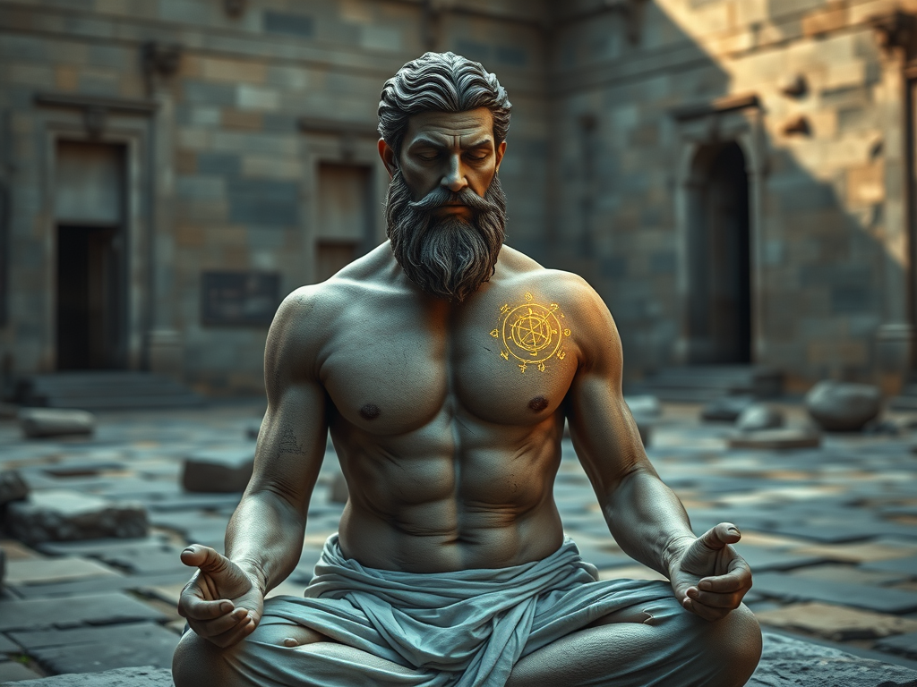 Sudden Animal Bite Spiritual Meaning – What a Non‑Serious Bite Reveals About You 6 "A stoic figure meditating in a stone courtyard with a soft bite mark glowing on their shoulder. Celestial diagrams and ancient symbols float above their head representing clarity and strength."