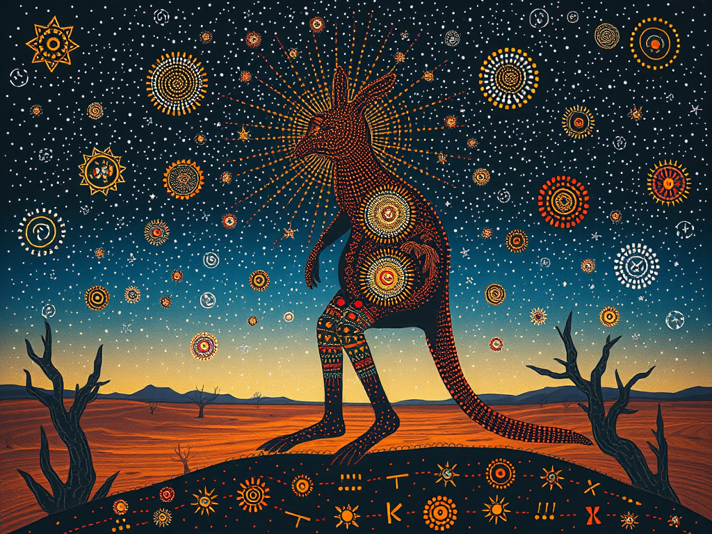 The Spiritual Meanings of Dreaming You Become an Animal 8 Aboriginal Dreamtime (Adnoartina)
Aboriginal art-inspired dreamscape with a human becoming a kangaroo spirit under starlit sky, desert backdrop with sacred symbols and vibrant dot patterns.