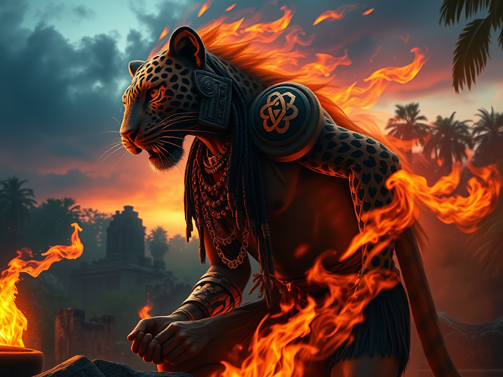 The Spiritual Meanings of Dreaming You Become an Animal 6 An Aztec priest transforming into a jaguar during a twilight ritual, surrounded by fire and stone glyphs, jungle ruins in background, spiritual and magical aesthetic.