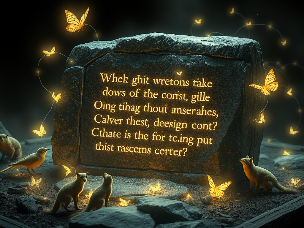 Sudden Animal Bite Spiritual Meaning – What a Non‑Serious Bite Reveals About You 12 "An ancient stone tablet etched with glowing questions. Around it, small animals like birds, foxes, and butterflies rest, each connected to the tablet by soft strands of light."