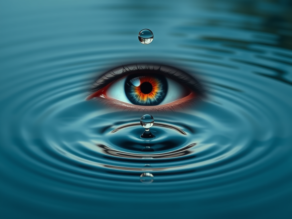 An eye superimposed with rippling water, reflecting different faces merging into one. A single drop of water falling into a still pool, creating ripples that blend the reflections together. Calm, symbolic, and deeply spiritual.