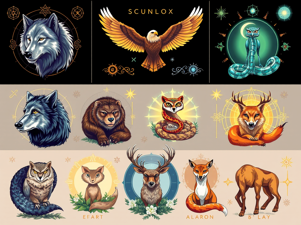 The Spiritual Meanings of Dreaming You Become an Animal 10 an illustrated grid showing spiritual animals wolf eagle bear snake 2