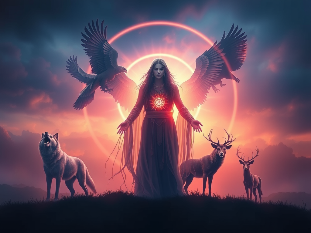 "Why You Hear Animal Sounds With No Animals Around: Spiritual Meanings Across Cultures" 6 Mystic shaman surrounded by translucent spirit animals representing intuitive messages and higher hearing.
