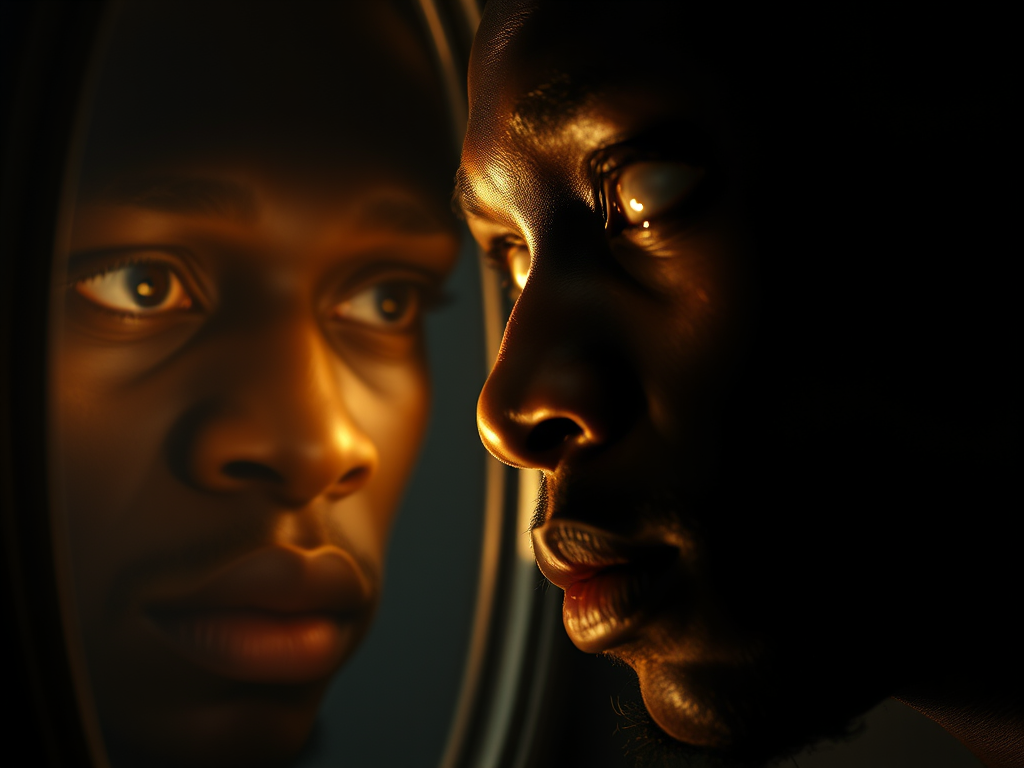 ⚡ Crash and Conflict
Prompt:
“Close-up of a person staring in the mirror. One side of the reflection shows their higher self glowing with light, the other shows a tired, shadowy version. Emotional expression. Subtle supernatural tone.”