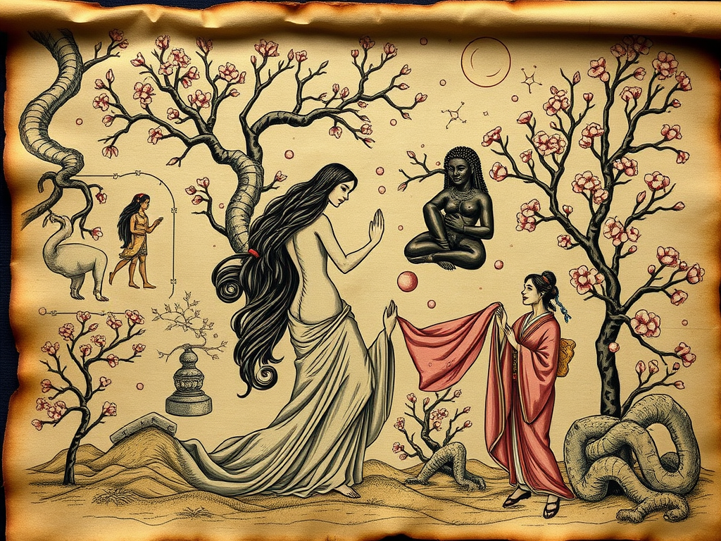 “The Sacred Exchange: Spiritual Meaning & Symbolism of Sexual Energy Across Cultures” 12 csharpCopyEdit“An ancient scroll with diverse illustrations: Adam and Lilith entwined in Eden, African fertility goddess sculptures, Celtic stone carvings, Japanese lovers in kimono under cherry blossoms, surrounded by cosmic constellations.”