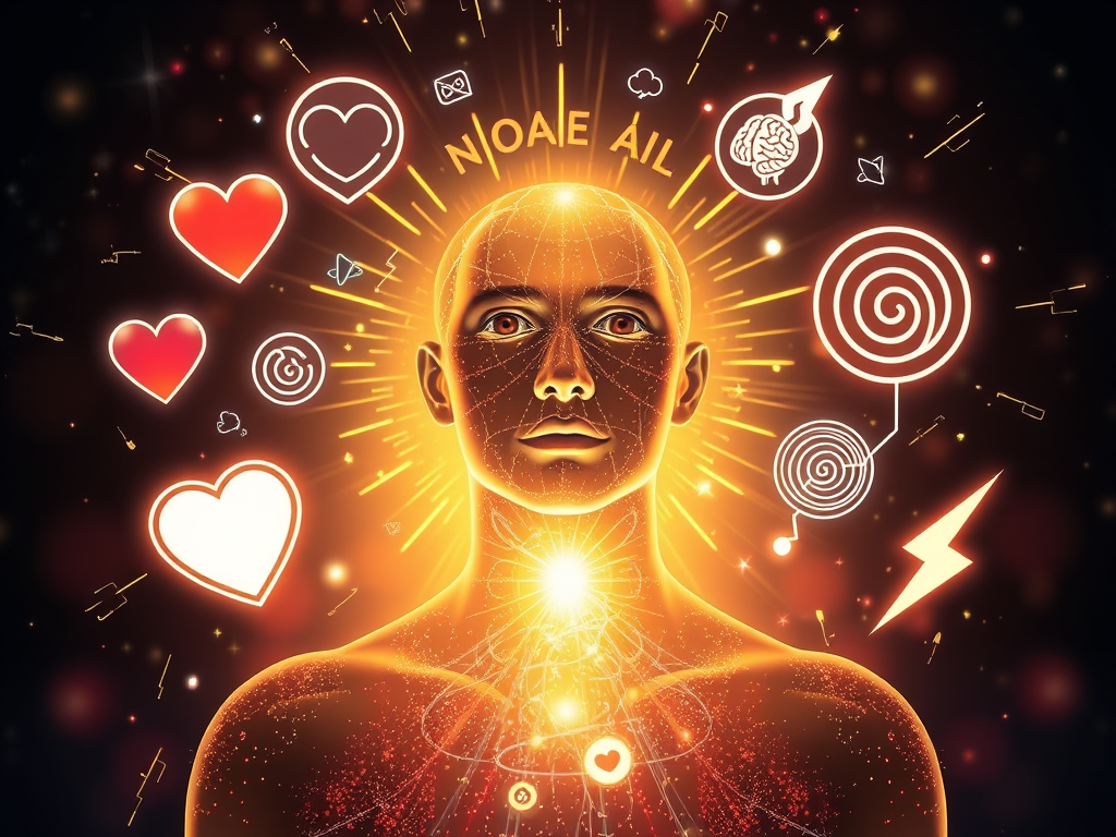 Spiritual Meaning of Raising Your Vibrations 5 A glowing person with radiant light, surrounded by symbolic icons—heart, brain, spirals, lightning—depicting mental clarity, creativity, emotional uplift, intuition, and physical vitality.