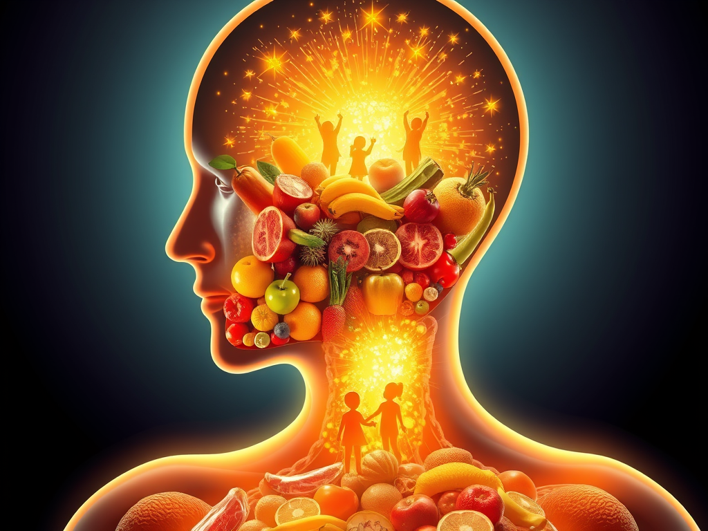 Spiritual Meaning of Raising Your Vibrations 4 Cross‑section of a human with tiny glowing figures inside; vibrant fruits/veggies enter the mouth and transform into golden energy flowing to those figures—they look happy, strong, and luminous.