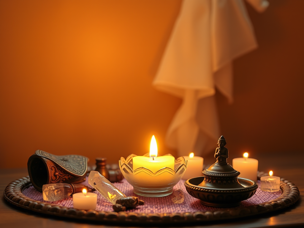 “The Sacred Exchange: Spiritual Meaning & Symbolism of Sexual Energy Across Cultures” 4 cssCopyEdit“Soft candlelit altar with sacred objects—a lotus candle, crystals, a small incense burner—radiating calm energy, background of warm colors and diffused spiritual light.”