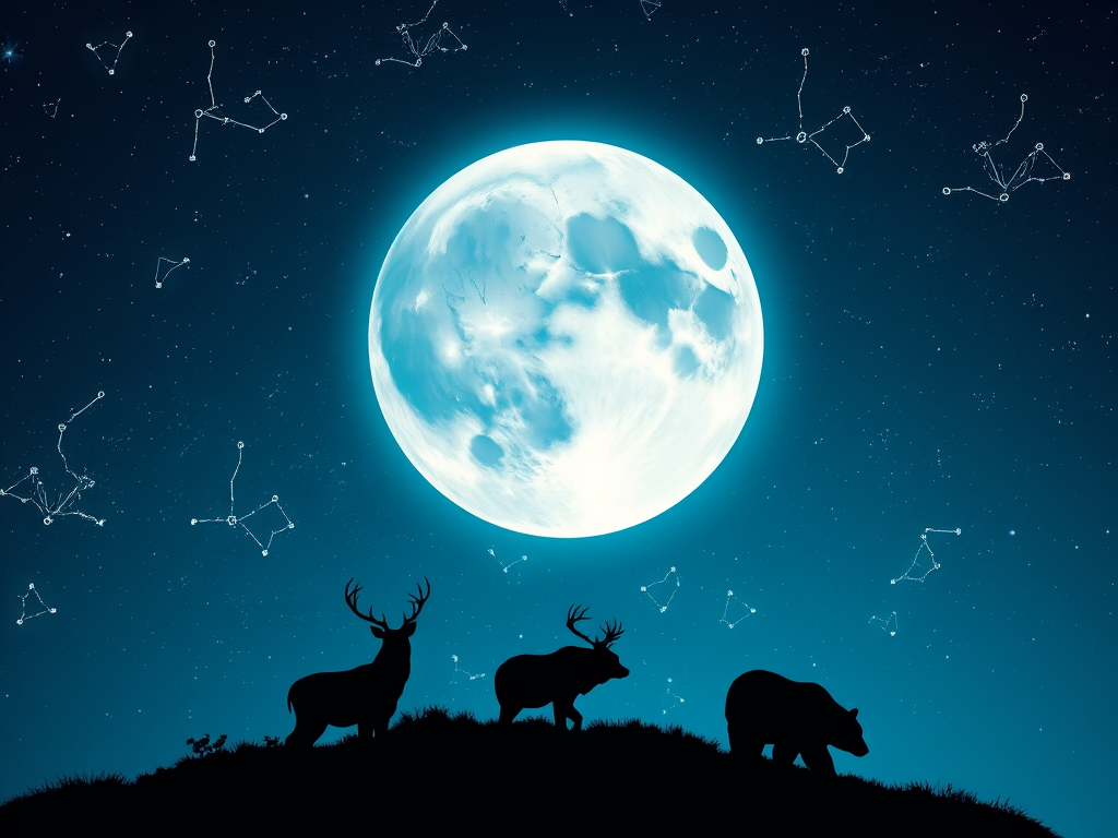 "Why You Hear Animal Sounds With No Animals Around: Spiritual Meanings Across Cultures" 9 Celestial sky with moon phases, constellations and spirit animal shadows representing energetic gateways.