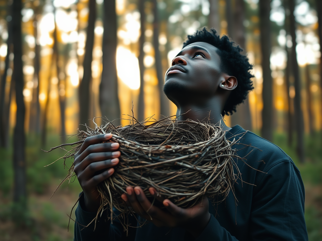Image Prompt: “A person stands in a forest clearing. They gently hold an empty bird’s nest and look upward. The scene is infused with soft golden hour sunlight.”