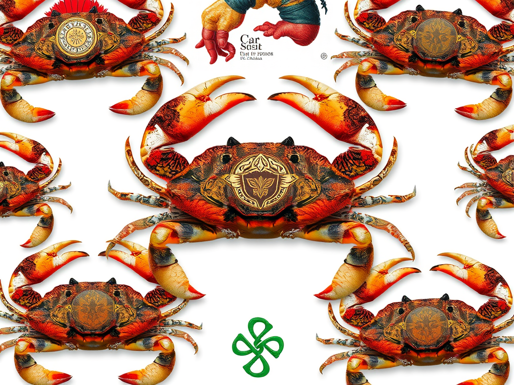 Image Prompt:
A collage depicting various cultural representations of crabs, including Native American, Asian, Celtic, African, and Christian symbols.