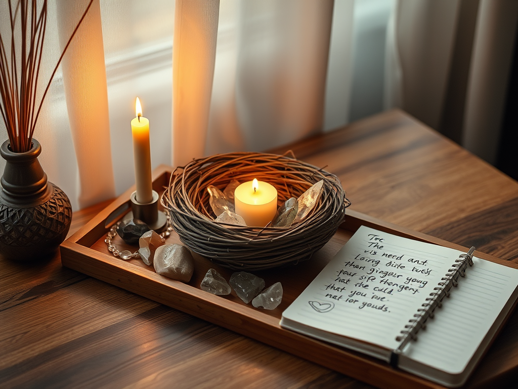 Image Prompt: “A cozy indoor altar: an empty nest placed on a wooden tray, surrounded by a lit candle, crystals, and a notebook with carefully penned thoughts.”