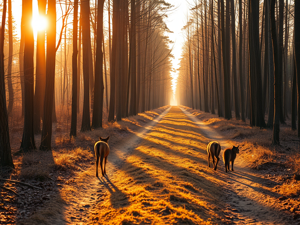 Image Prompt: A forest path lit with golden light, where twin animal tracks (like deer or cats) walk side by side and disappear into the glowing horizon.
