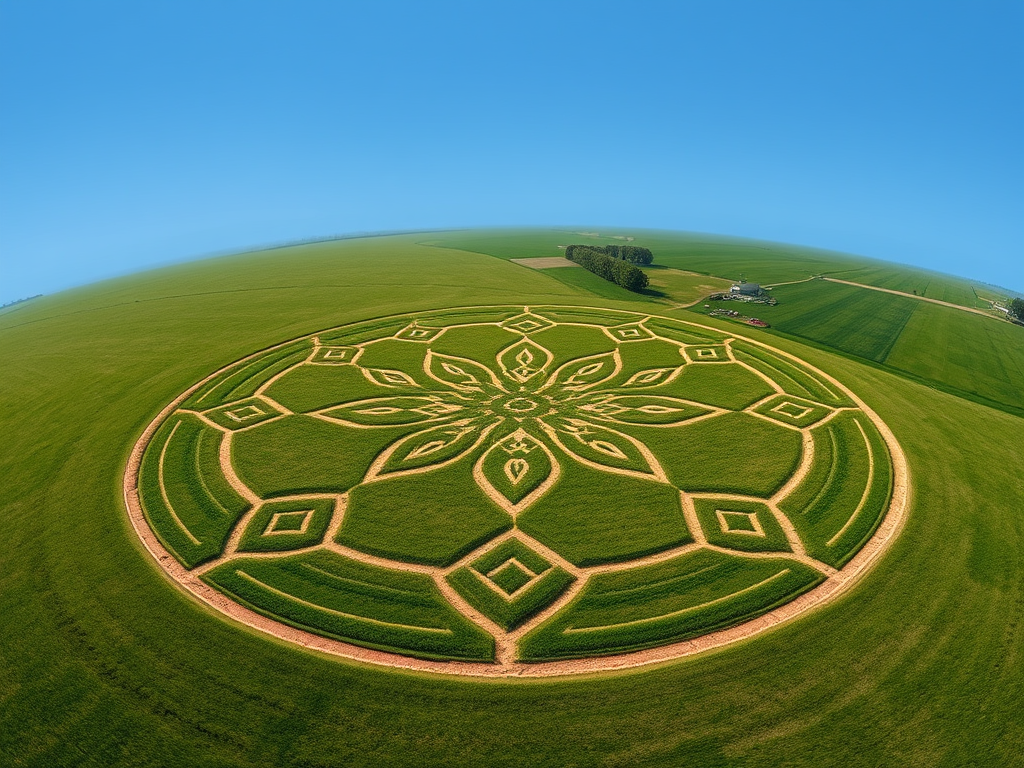 Image Prompt:
A high-resolution aerial view of the 2024 Wiltshire crop circle near Stonehenge, with soft glowing edges and geometric symbols subtly highlighted.