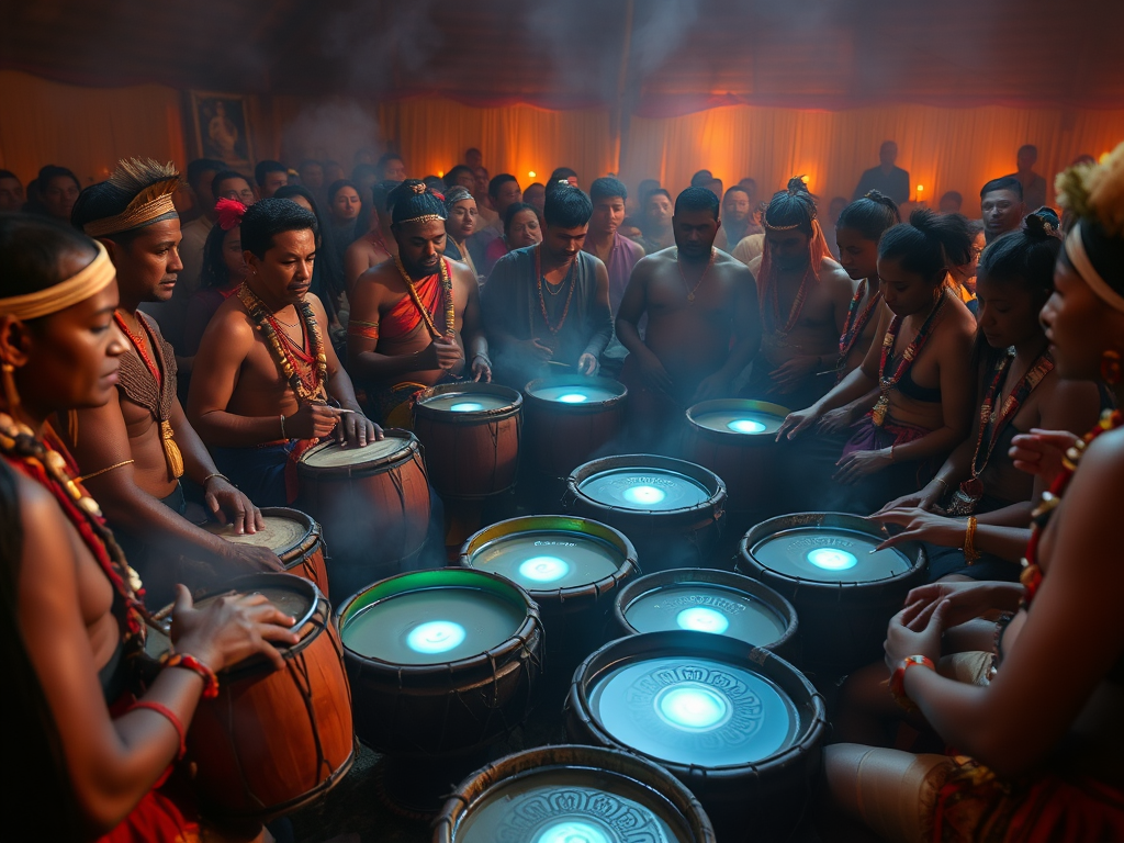 Image Prompt:
A Indigenous gathering around drums, water bowls showing glowing cymatic patterns forming mid-ceremony.