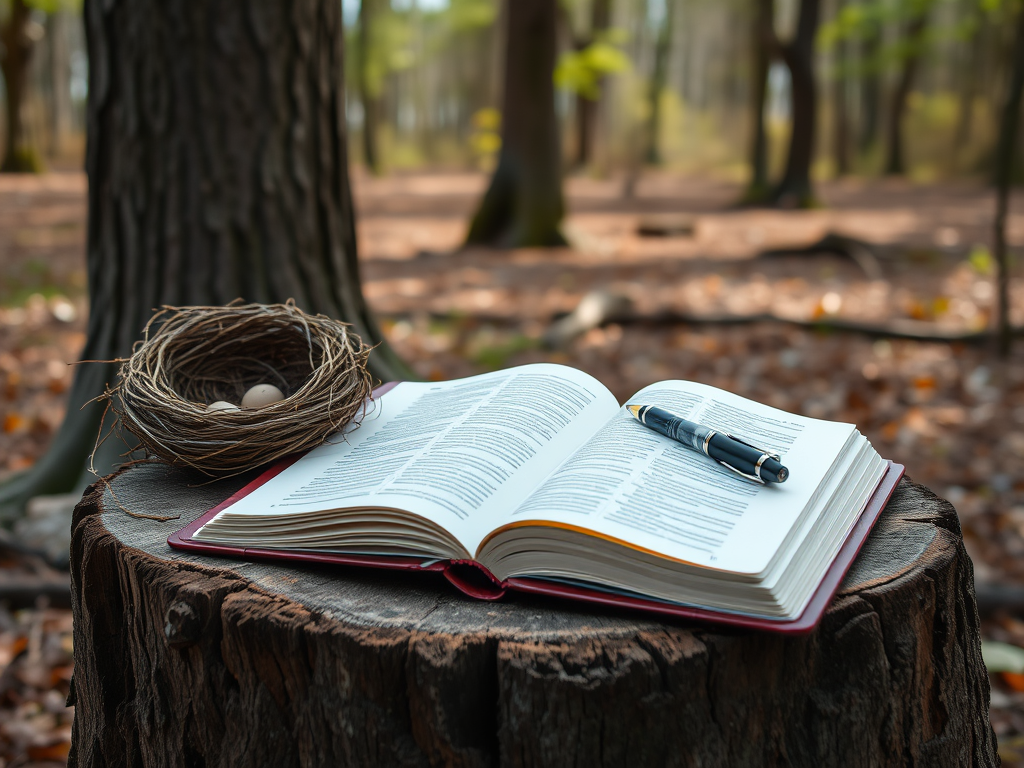 Image Prompt: “A journal open on a tree stump next to an empty bird’s nest and a pen, set in a peaceful woodland clearing.”