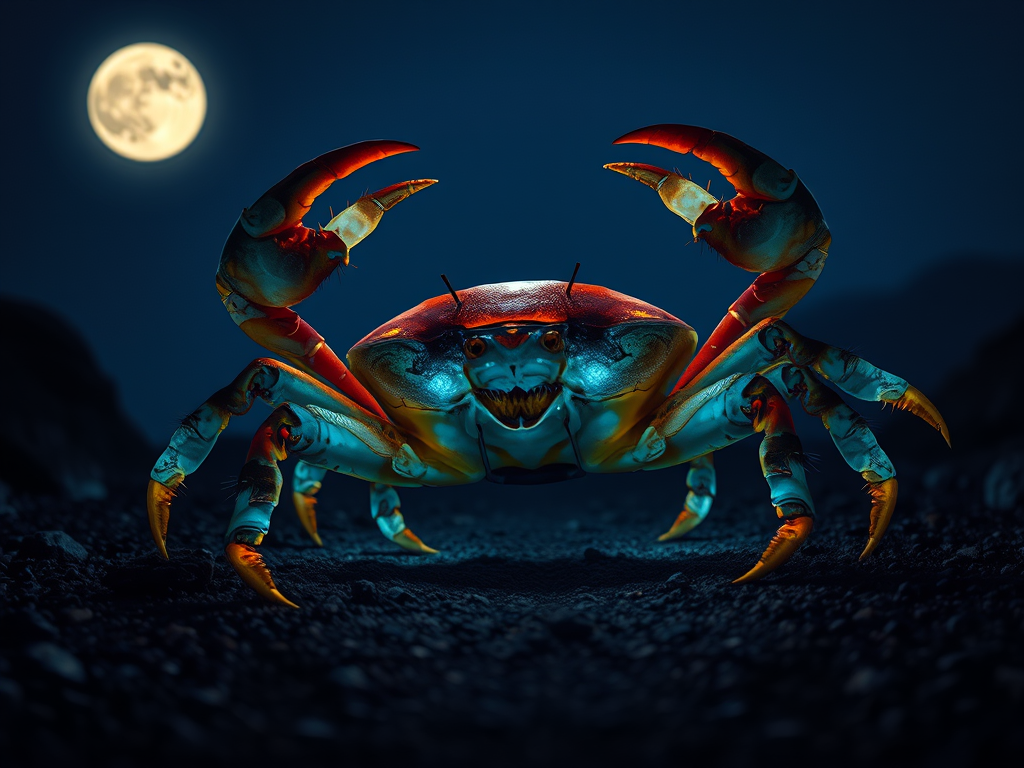 Image Prompt:
A luminous crab guiding a traveler along a moonlit path, representing the crab as a spiritual guide.