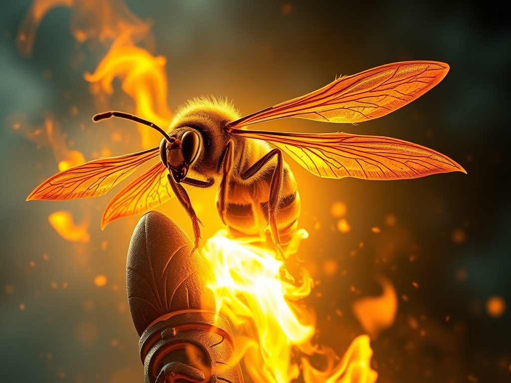 Image Prompt: A majestic wasp surrounded by fire and feathers, floating above a totem pole in golden light.