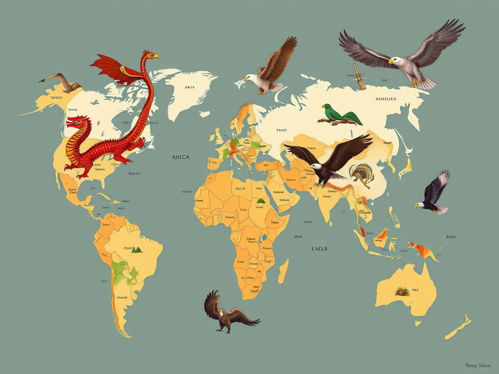 Discover the Spiritual Meanings of Animal Spirits 5 Image Prompt: A map of the world with different animals representing various cultural beliefs (e.g., dragons in Asia, eagles in Native America).