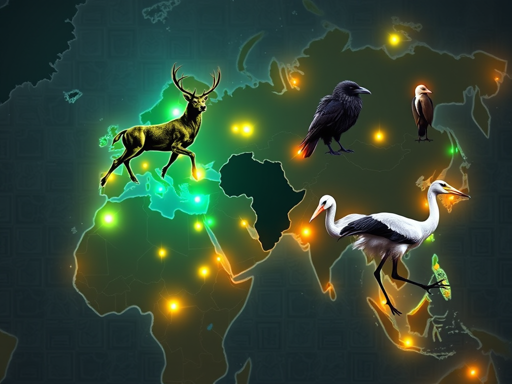 Image Prompt: A map with glowing dots marking regions (Celtic lands, Native America, Africa, Asia) and overlaid images of twin animals (deer, ravens, lions, cranes) associated with each region.
