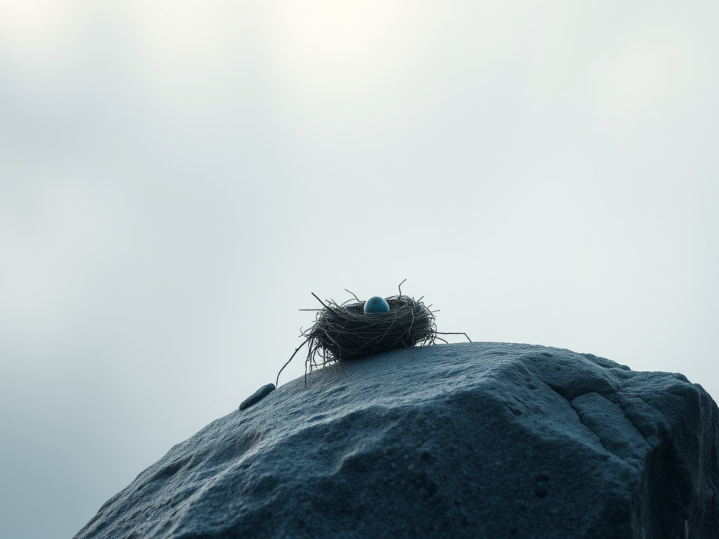 Image Prompt: “A minimalist scene of a nest sitting alone on a rock, early morning mist rising—symbolic, quiet, evocative.”