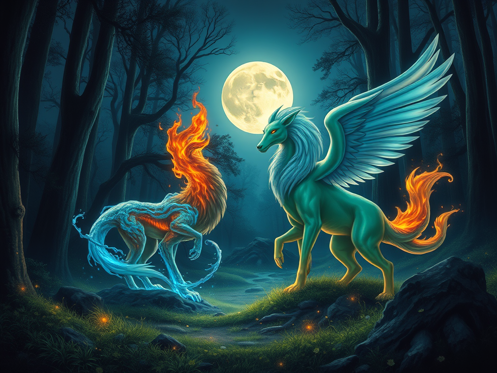 Image Prompt: A moonlit forest clearing where twin animals—each from different elements (fire, water, earth, air)—glow softly in their zones, looking directly at the viewer.