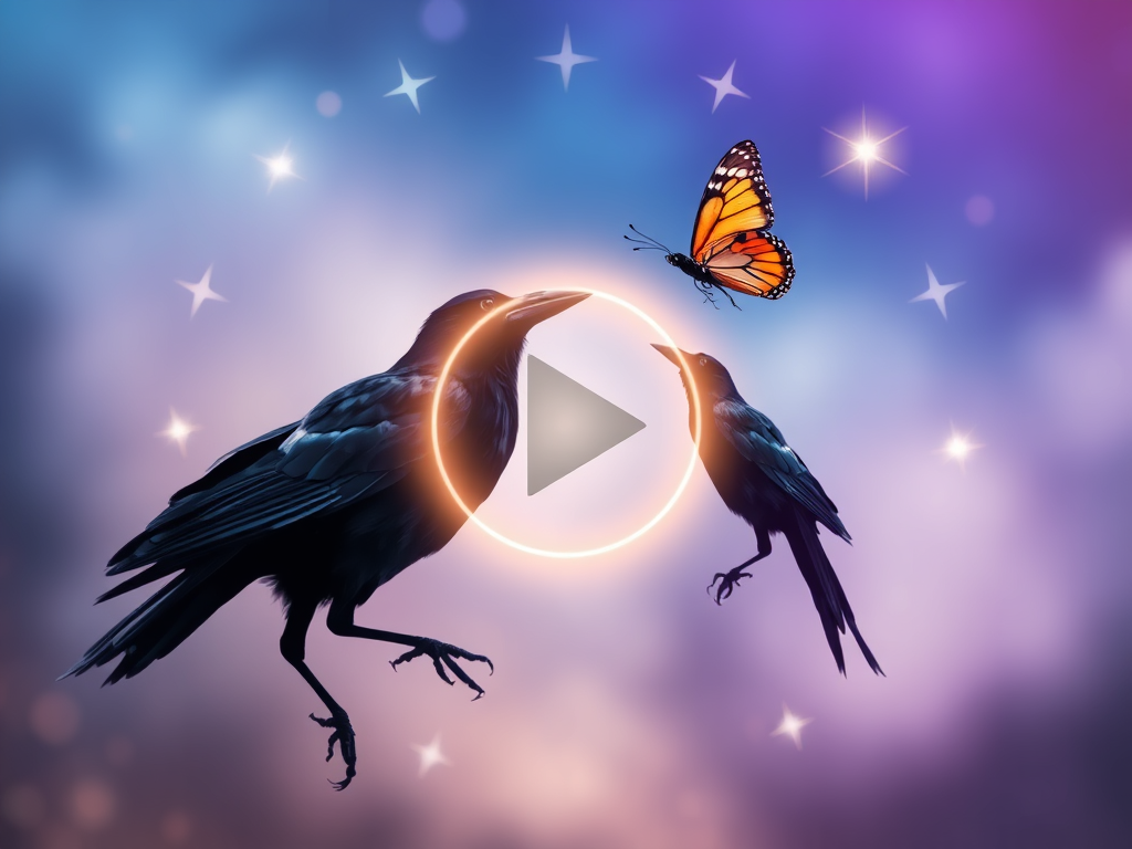 Image Prompt: A mystical YouTube-style thumbnail showing a crow and a butterfly facing each other mid-air, stars circling them, and a glowing “Play” icon in the center.