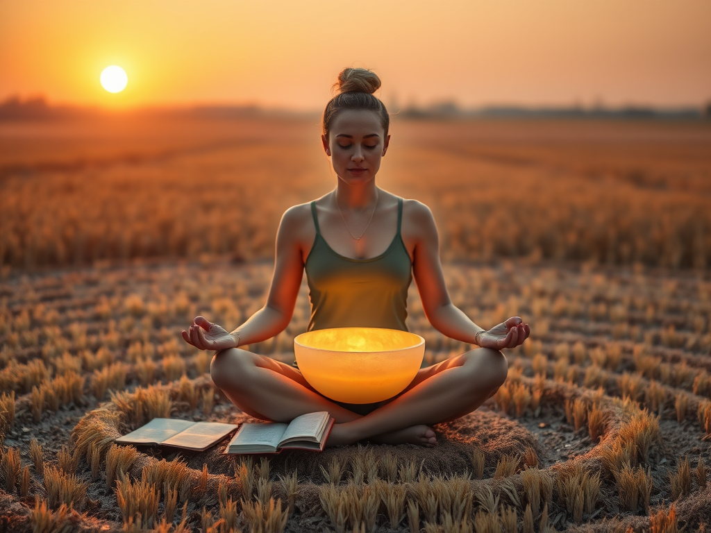 Image Prompt:
A person meditating at sunrise in a crop circle, journal beside them, with sound waves radiating from a glowing crystal bowl.