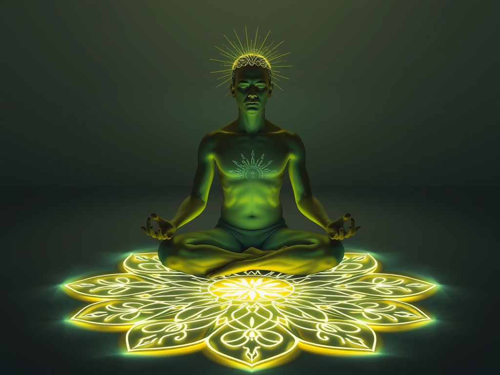 Image Prompt:
A person meditating inside a glowing flower-of‑life floor mat, energy lines radiating from their crown.