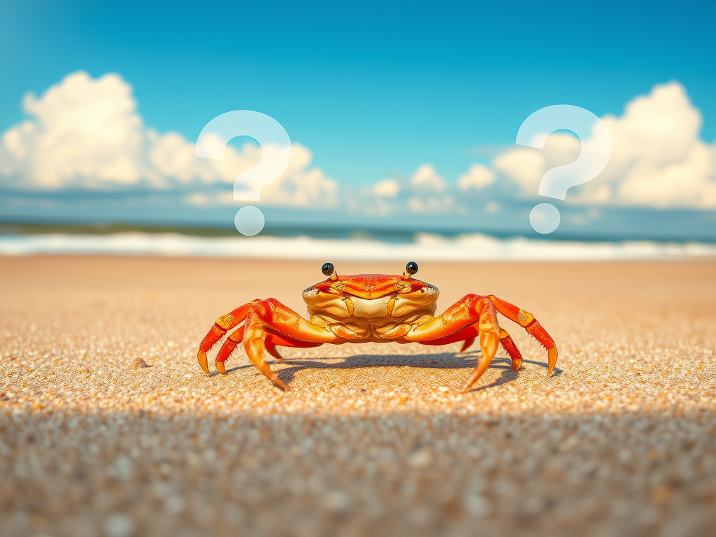 Image Prompt:
A serene beach scene with question marks forming in the clouds above a crab, symbolizing curiosity and inquiry.